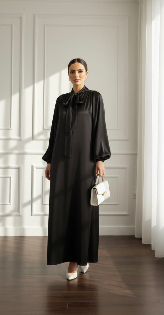 SATIN TIE-NECK MAXI DRESS BLACK