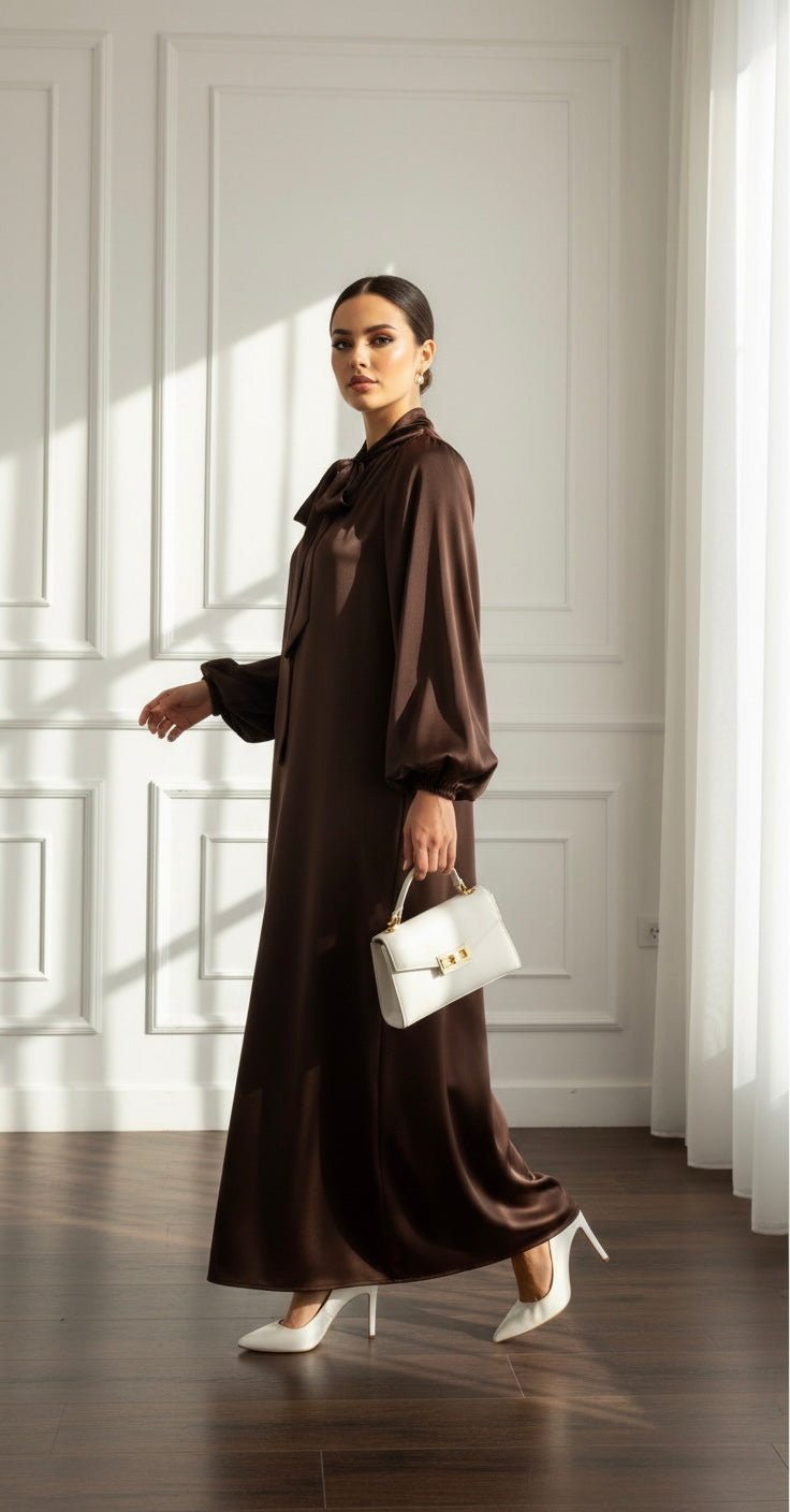 SATIN TIE-NECK MAXI DRESS BROWN