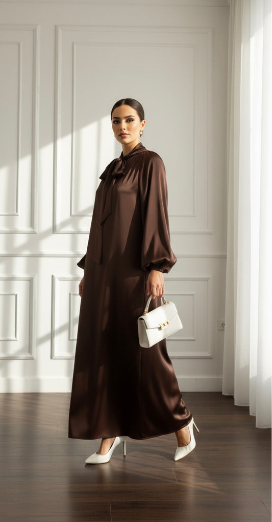SATIN TIE-NECK MAXI DRESS BROWN