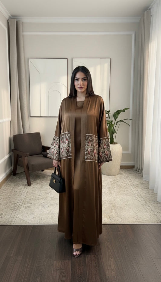 ABAYA 2-PIECE SET BROWN EMBROIDERED