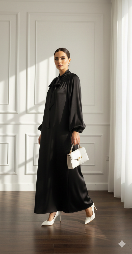 SATIN TIE-NECK MAXI DRESS BLACK