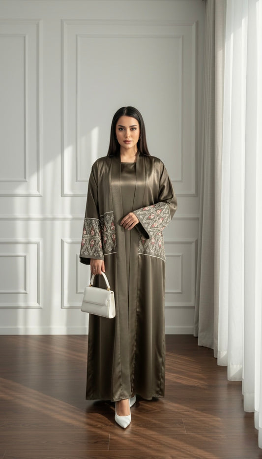 ABAYA 2-PIECE SET KHAKI EMBROIDERED